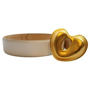 Vintage ROBERT LEE MORRIS White Leather & Gold Heart Buckle Designer Belt
